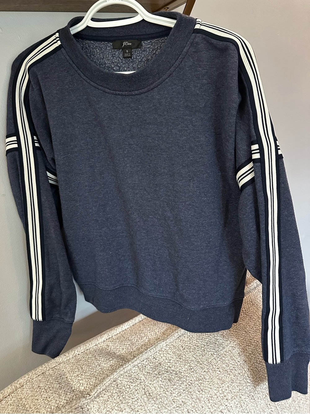 J. Crew Y2K Cut Cropped Gray Crewneck Sweatshirt with Athletic Stripes